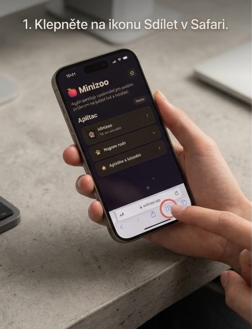 iPhone — klepnutí na ikonu Sdílet v Safari